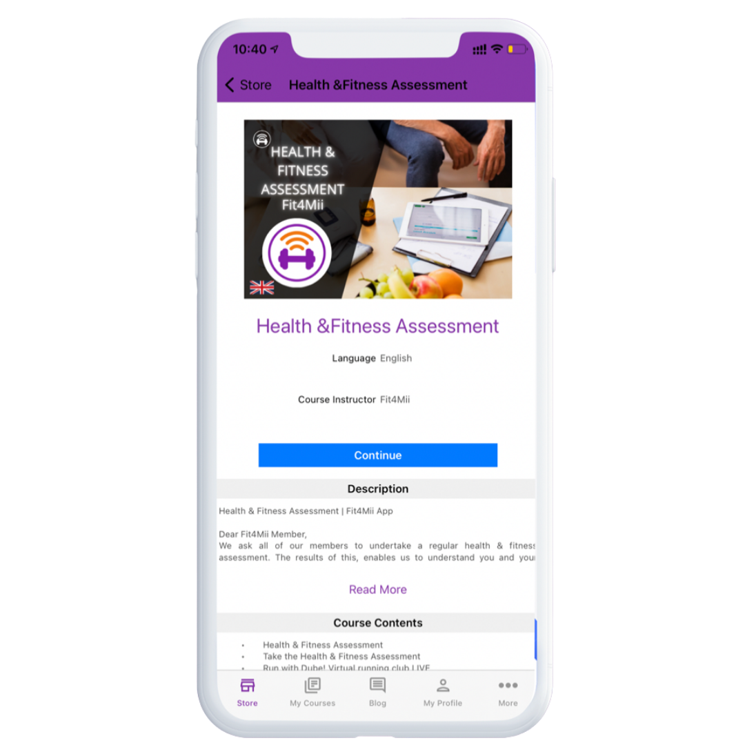 iOS / Android screenshot of Fit4Mii app health and fitness assessment course